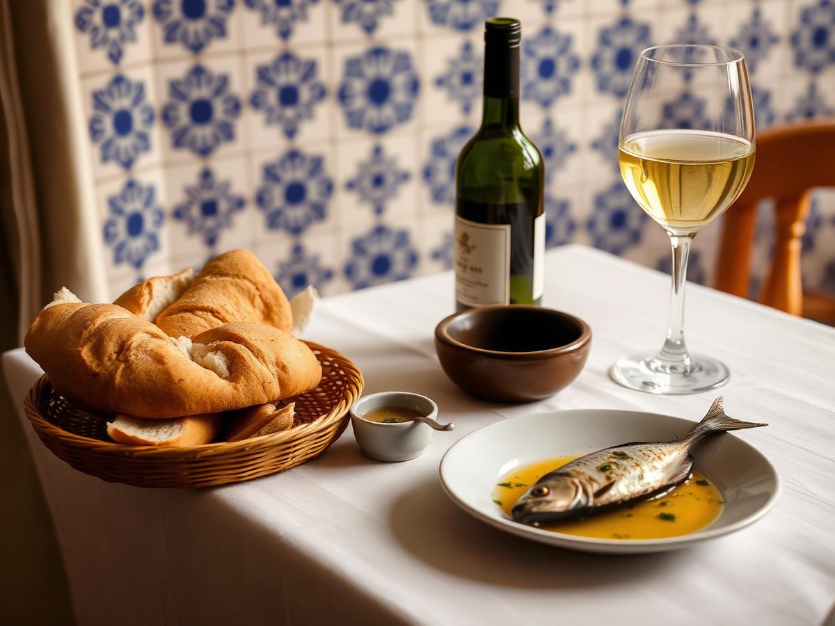 Mesa posta com vinho verde e azulejos